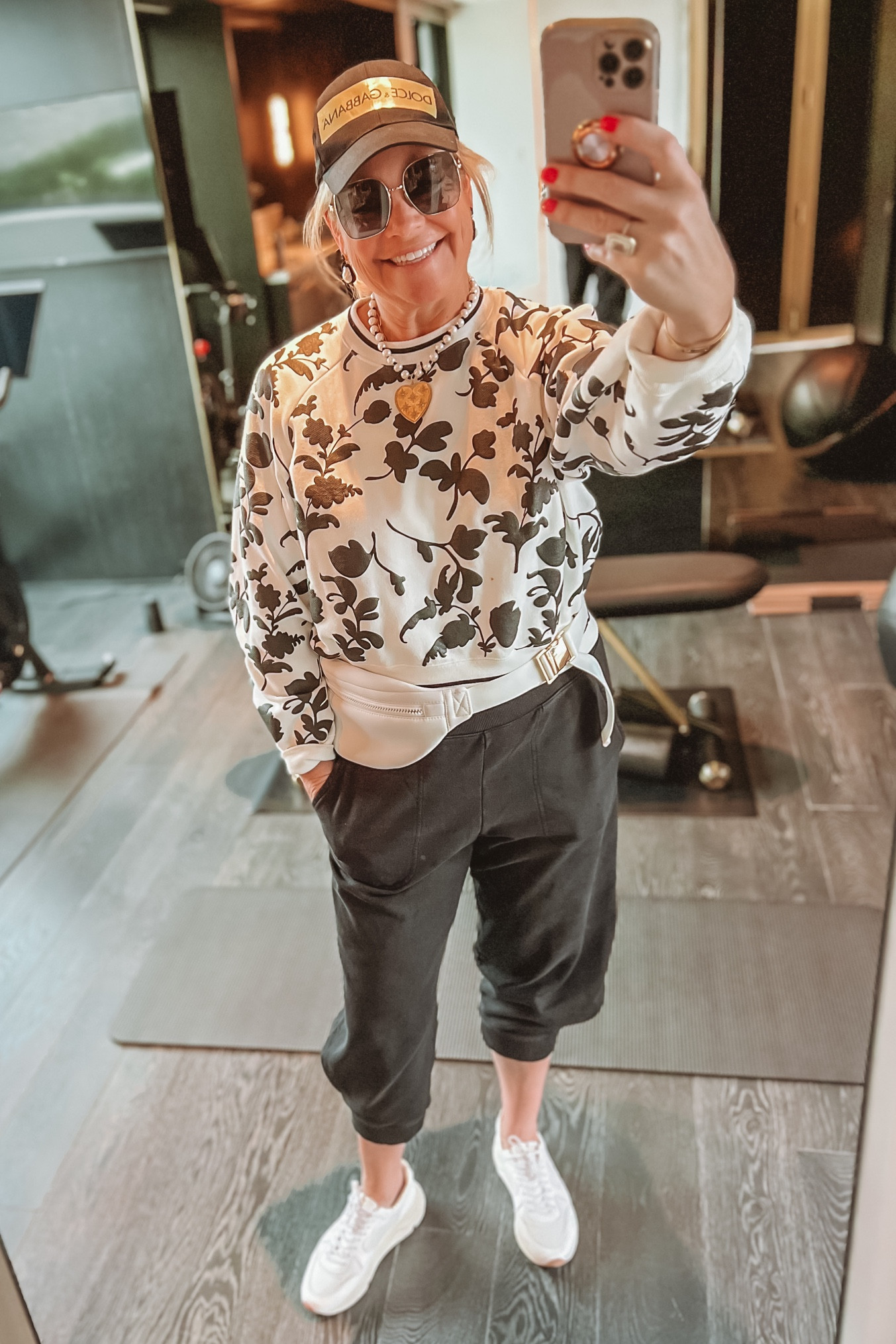 Cynthia Rowley has the cutest sweat tops and fun patterns  , Blanc Noir sweat pants, dolce Gabbana hat, ASICS tennis shoes. Creates a fun day! 

#LTKMostLoved #LTKSpringSale #LTKover40