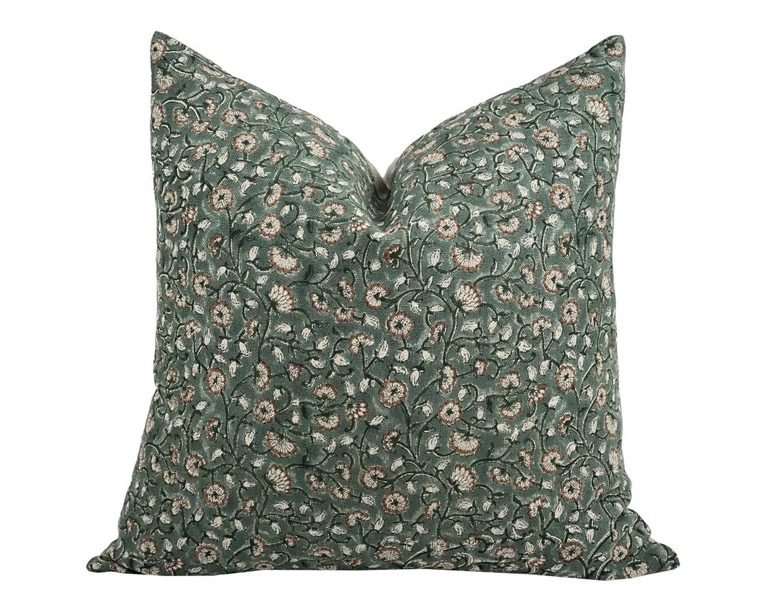 CLOVE | Designer Teal Green Floral Linen Pillow Cover, Block Print Pillow, Jewel Tone Pillow, Gre... | Etsy (CAD)