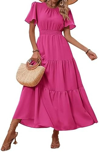 PRETTYGARDEN Women's Summer Casual Short Flutter Sleeve Round Neck Smocked Waist Tiered Boho Flor... | Amazon (US)