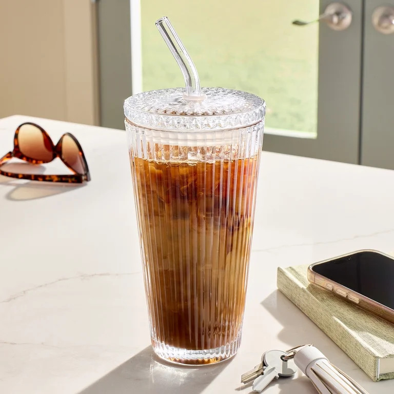 Better Homes & Gardens 21 oz Ribbed Tumbler with Glass Lid and Straw | Walmart (US)