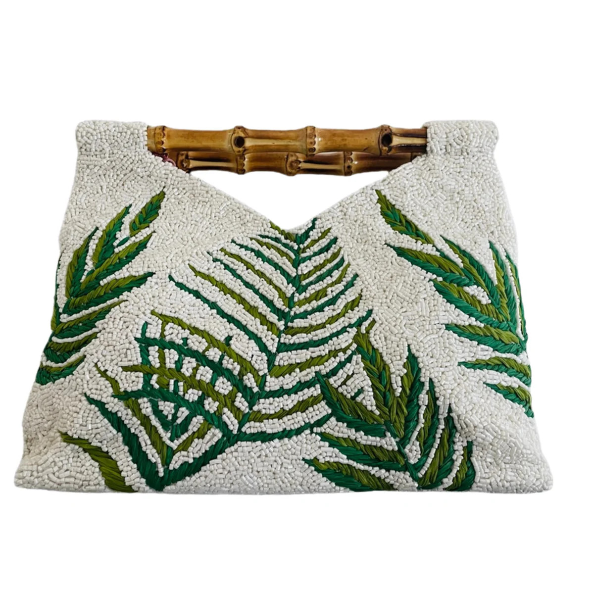 Beaded Tropical Leaf Motif Clutch Purse With Bamboo Handle | The Well Appointed House, LLC