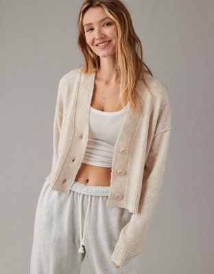 AE Whoa So Soft Cropped Button-Front Cardigan | American Eagle Outfitters (US & CA)