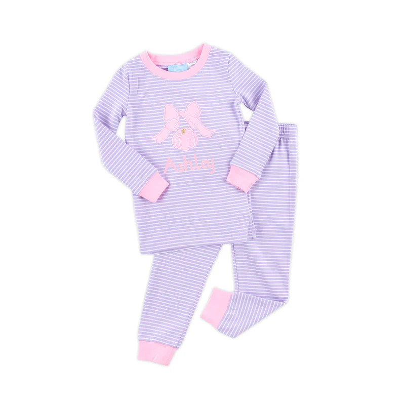 Pumpkin Bow Applique Lavender Stripe Pajamas | Classic Whimsy
