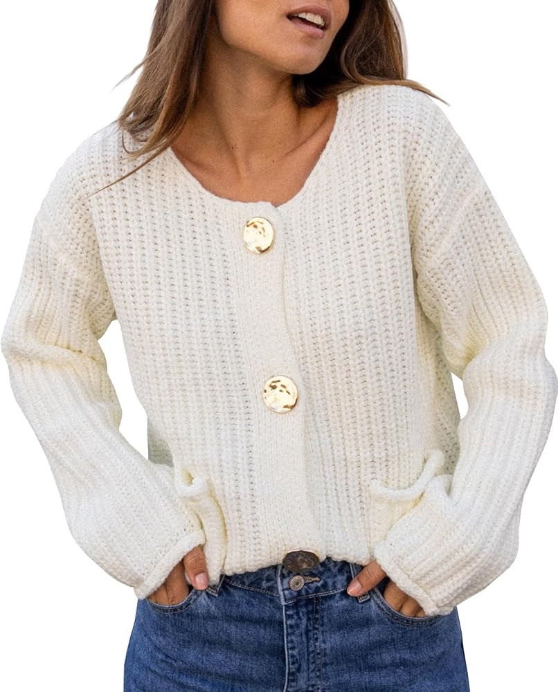 Women's Cropped Cardigan Sweaters Chunky Knit Gold Button Down Long Sleeve Open Front Cardigan wi... | Amazon (US)