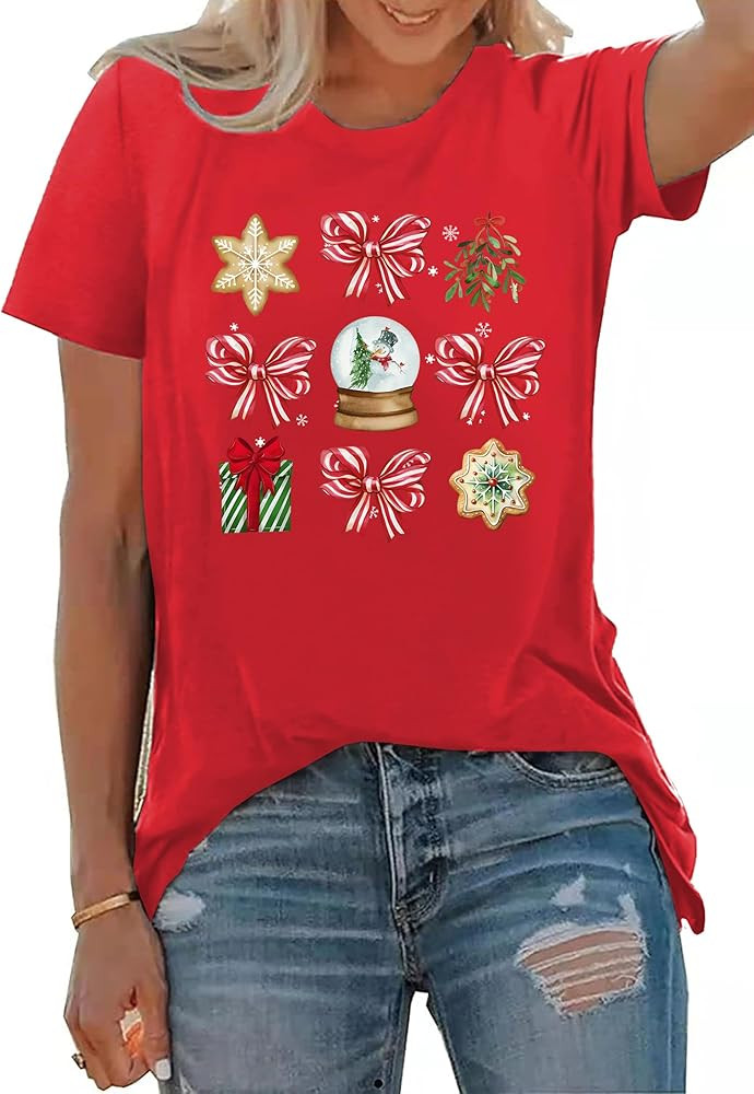 PECHAR Christmas Shirts for Women: Bow Xmas Holiday Print T-Shirts Christmas Tree Short Sleeve To... | Amazon (US)