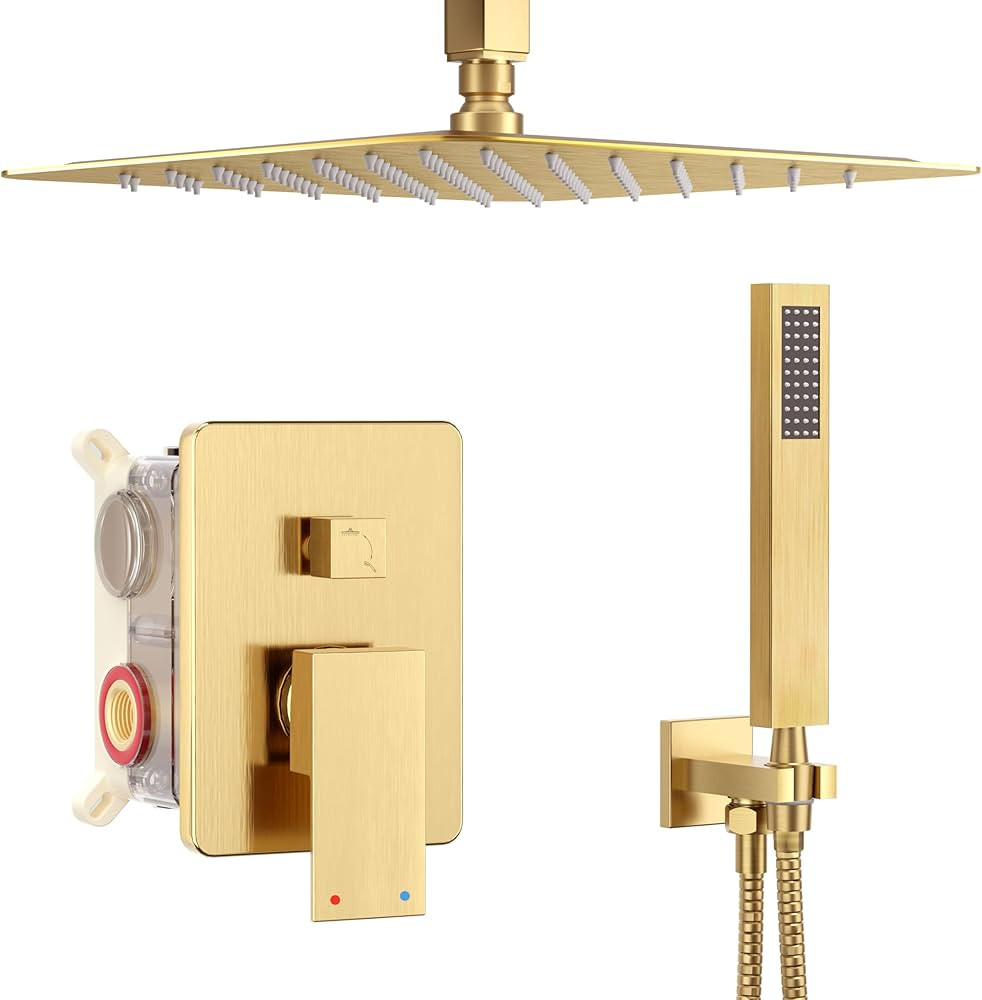 Shower System, Gold Shower Faucet Set with 12-Inch Rain Shower Head and Handheld spray, High-Pres... | Amazon (US)