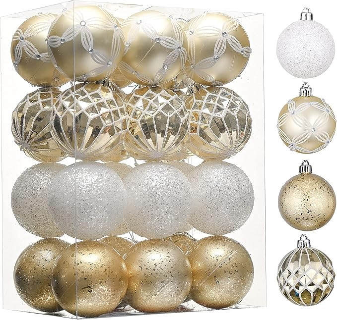 Valery Madelyn Christmas Tree Decorations Set, 24ct White and Gold Shatterproof Christmas Ball Or... | Amazon (US)