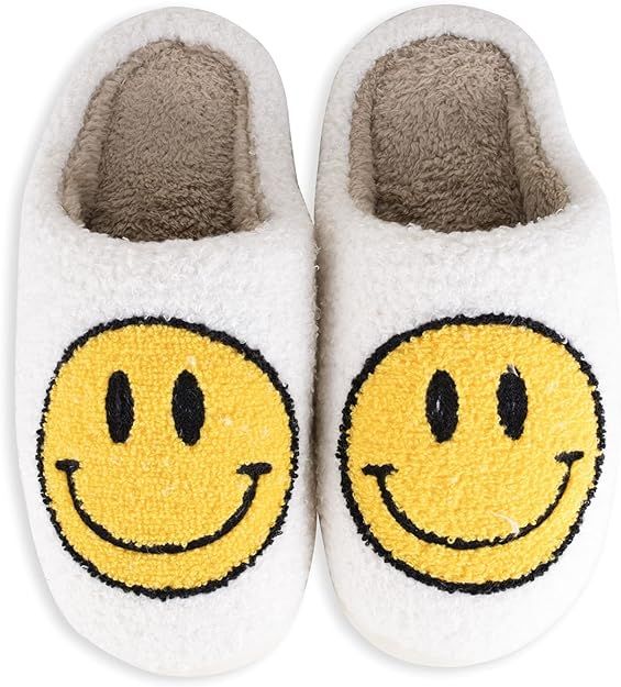 Happy Face Slippers Soft Plush Comfy Warm Faux Fur with Memory Foam, Preppy Winter Slides Non-Sli... | Amazon (US)
