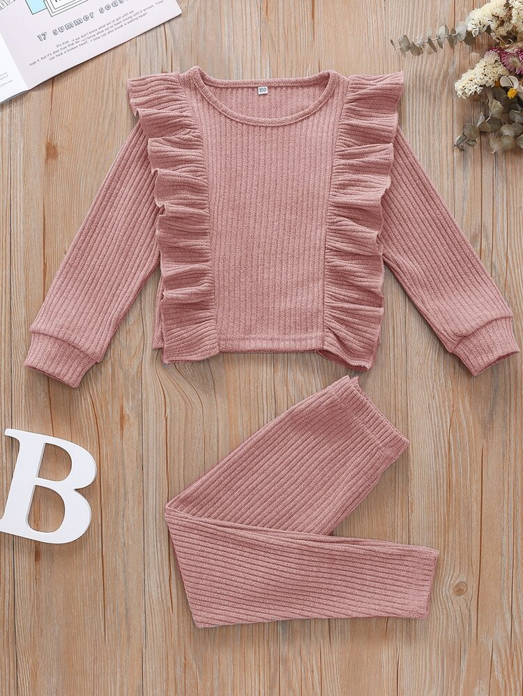 Toddler Girls Solid Ruffle Trim Top &  Leggings | SHEIN