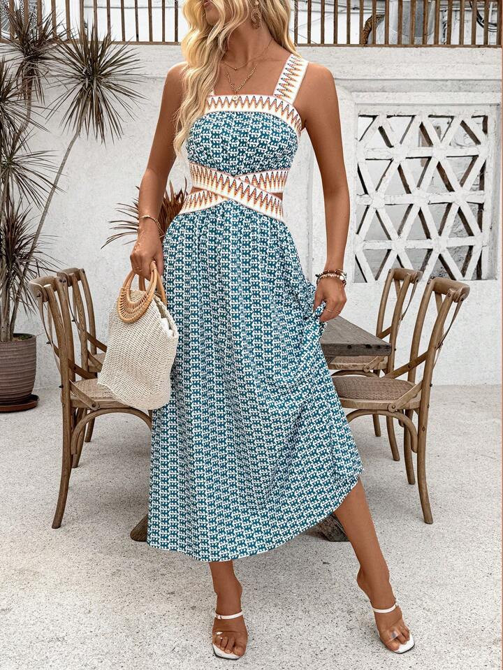 SHEIN Privé Holiday Casual Printed Patchwork Woven Belt Sleeveless Hollow Out Dress | SHEIN EUQS | SHEIN