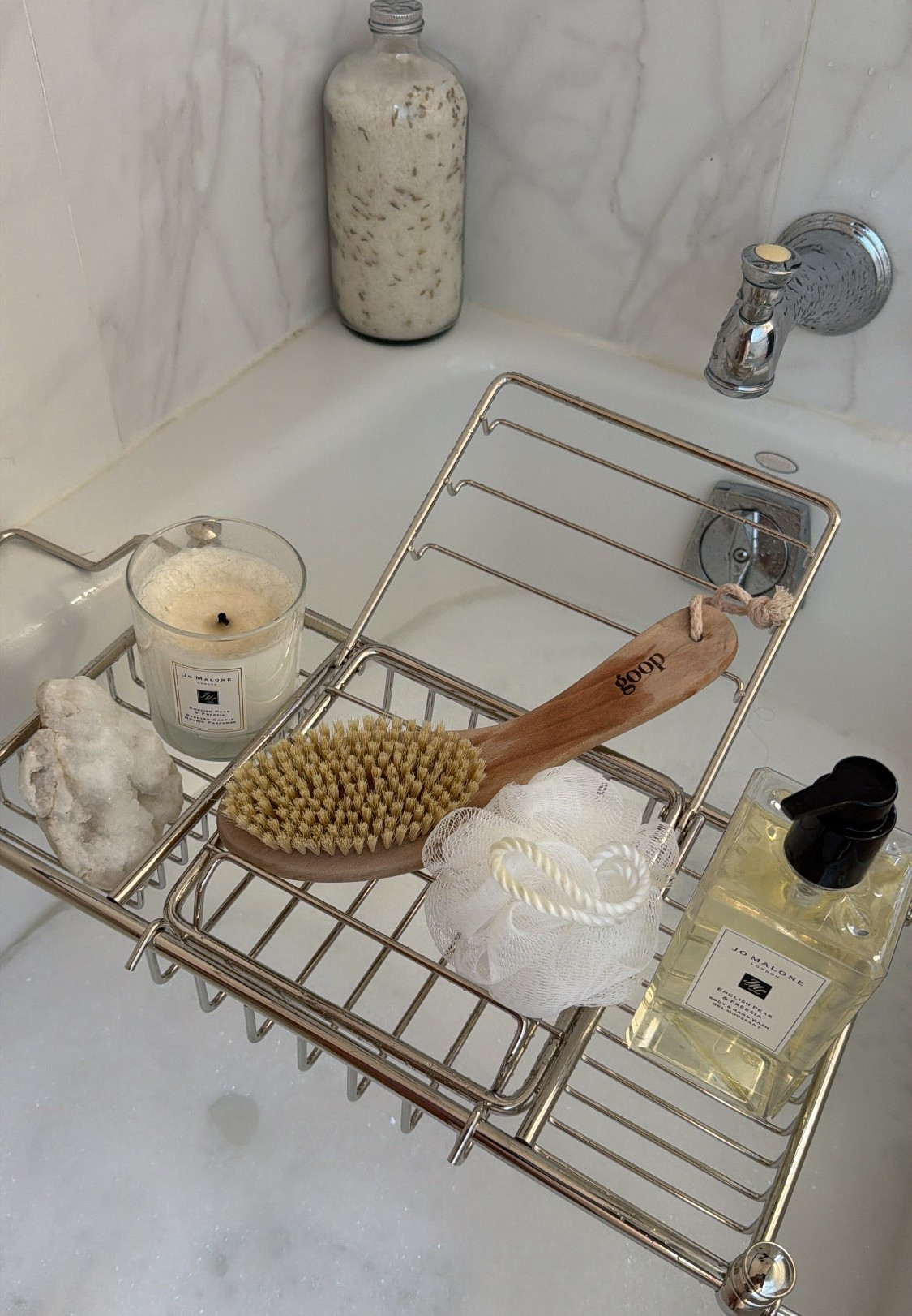 Luxury and, candle, dry brush by goop, crystals, bath, spa. Silver bath caddy from pottery barn.

#LTKSaleAlert #LTKBeauty #LTKselfcare