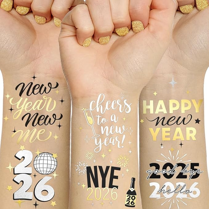 New Years Eve Party Supplies 2026 Temporary Tattoos 40 Gold Silver Foil Styles NYE Party Favors H... | Amazon (US)