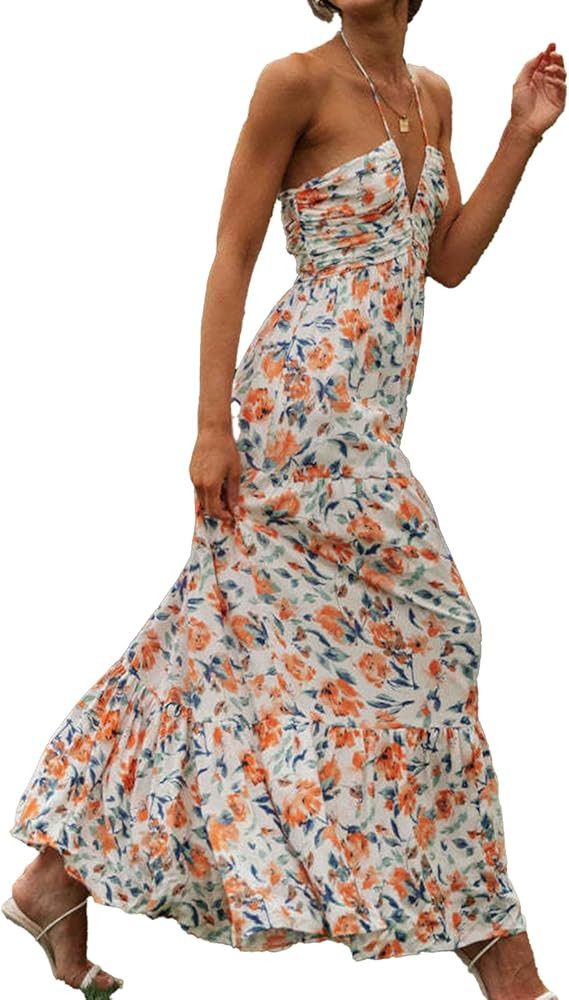 Women's 2024 Summer Halter Neck Boho Long Floral Dress Backless Ruffle Hem Flowy Tiered Maxi Sund... | Amazon (US)