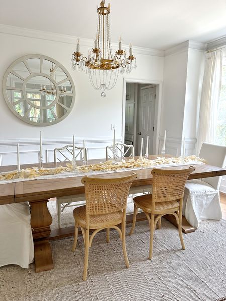 Dining room, area rug, rugs USA, Crystal chandelier, farmhouse table, rattan dining chairs, 

#LTKhome
