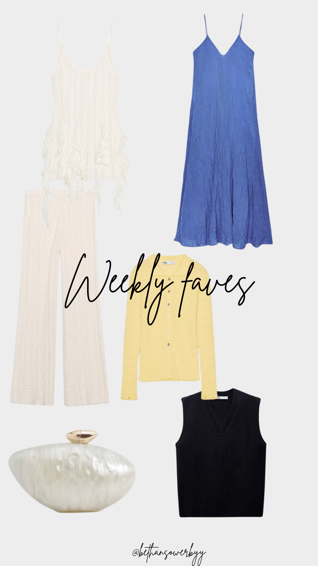 Weekly Favourites, Spring/Summer Outfit, Zara, Boohoo, Knit Vest, Acrylic Clutch Bag, Linen Dress, Textured Top & Trousers 

 #LTKuk #LTKAroundTheWorld #LTKsummer