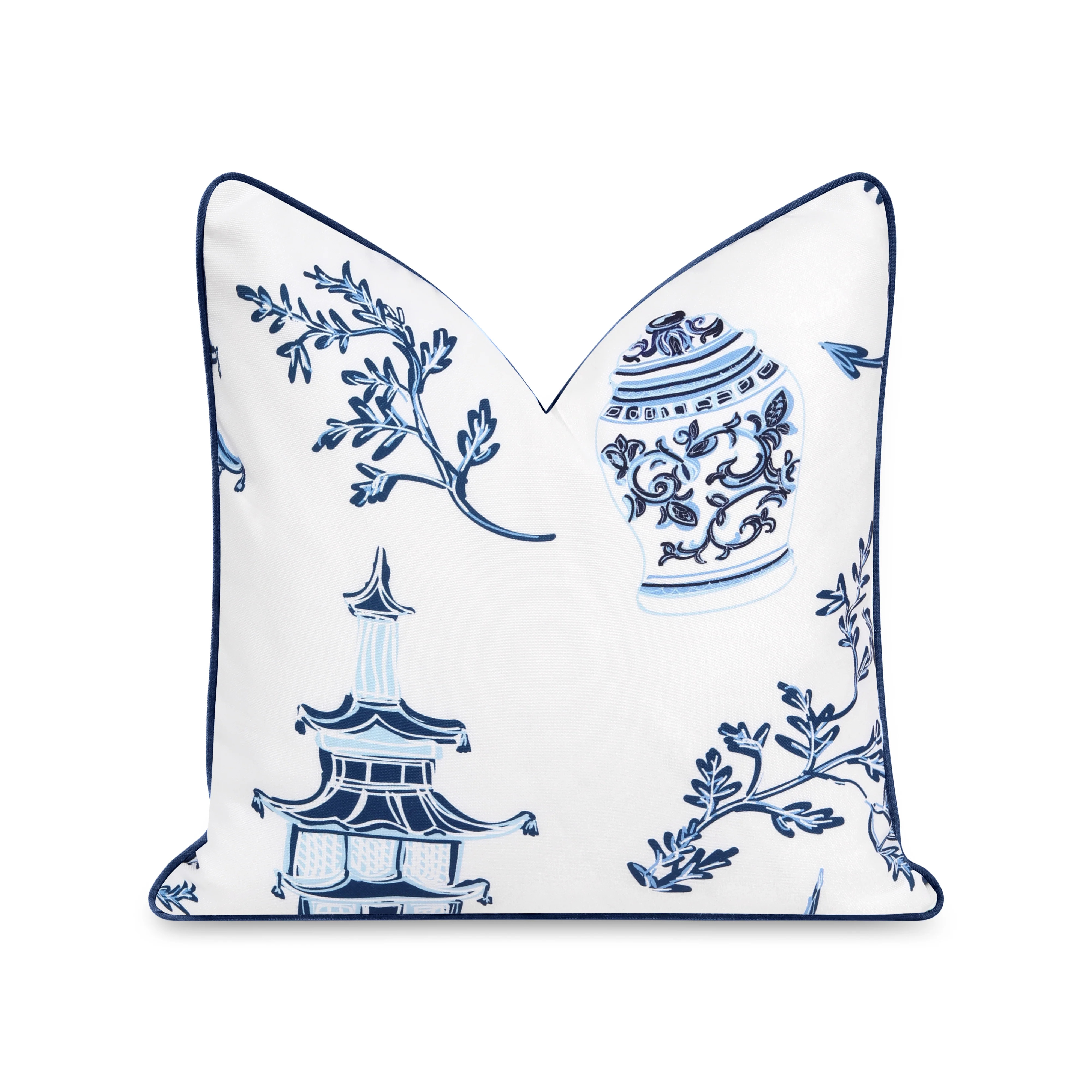 Coastal Indoor Outdoor Throw Pillow Cover, Chinoiserie with Piping, Navy Blue, 20 | Hofdeco