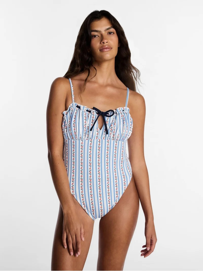 Kacey Lee Women's and Women's Plus Tie Neck Scoop Back One Piece Swimsuit, Sizes XS-3X | Walmart (US)