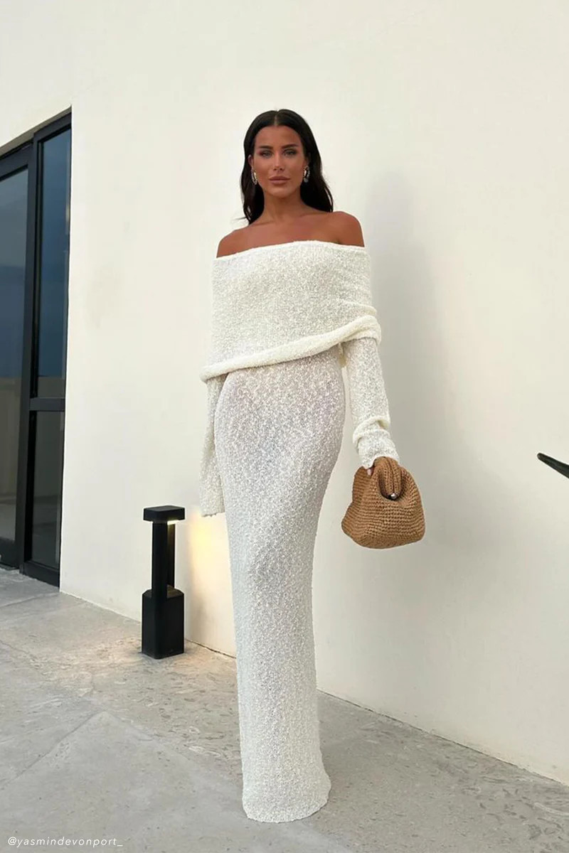 Marisol Off Shoulder Boucle Maxi Dress - Ivory | MESHKI US
