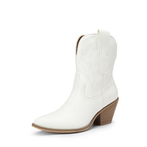 DREAM PAIRS Women's Cowboy Ankle Boots Western Booties Low Heel Pointed Toe Cowgirl Boots,Size 8.5,White-Embroidery,SDAB2302W | Amazon (US)