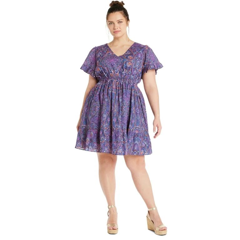 Terra & Sky Women's Plus Size Cotton V-Neck Woven Dress with Short Sleeves, Sizes 0X-5X - Walmart... | Walmart (US)