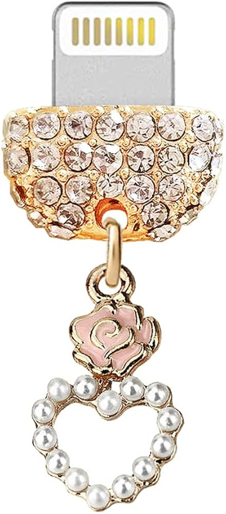 ELISE & FONDA CP386 USB Charging Port Crystal Anti Dust Plug Little Rose Heart Phone Charm for iP... | Amazon (US)
