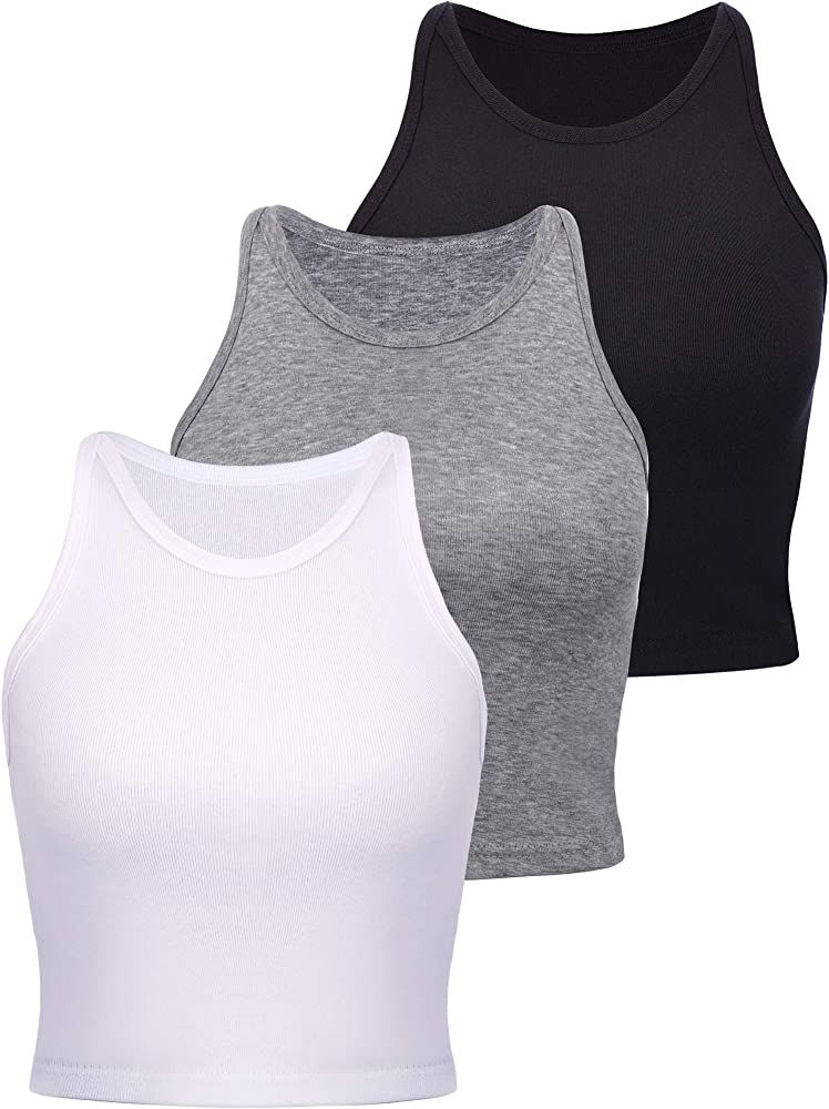 3 Pieces Women's Cotton Basic Sleeveless Racerback Crop Tank Top Sports Crop Top for Lady Girls D... | Amazon (US)