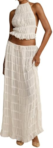 Unybwonn Skirt Sets Women 2 Piece Outfits Backless Halter Top and Pleated Ruffle Flowy Maxi Skirts Y2k Beach Vacation Set | Amazon (US)
