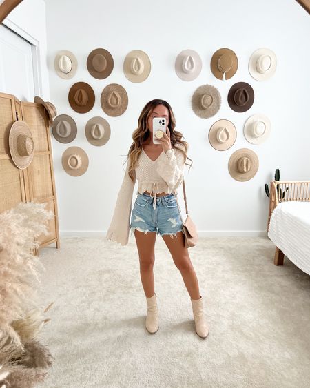 Spring outfit  - long sleeve crochet cropped sweater top, high rise denim mom shorts, & ankle boots

// #ltkunder50 #ltkunder100 #ltkstyletip #ltkseasonal #ltkshoecrush #ltkfind #ltkshoecrush spring outfits, spring fashion, spring break, vacation outfit, vacation outfits, travel outfit, neutral style, casual outfit, denim shorts, high waisted, crop top, boots, booties, shoes, Lulus, Abercrombie, Matisse