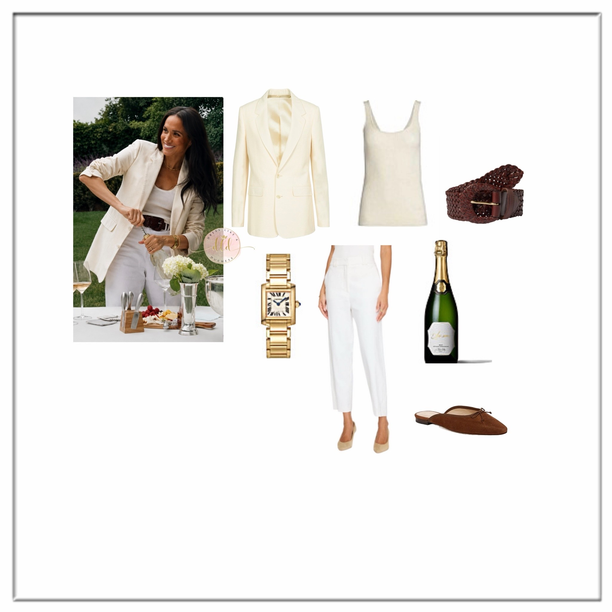 Updated: June 2026 Meghan Markle Instagram post for As Ever in Celine blazer + Co tank + Brochu Walker pants + Veronica Beard Catherine mules in cedar + Ralph Lauren belt (As Ever champagne, white and rose wines also seen in the reel)