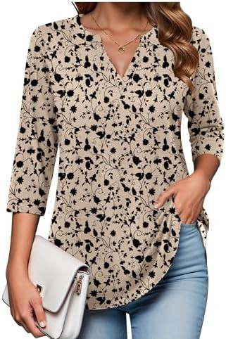 Zeagoo Womens 3/4 Length Sleeve Tops V Neck Tunic Casual Dressy Blouse Floral Printed Shirts | Amazon (US)