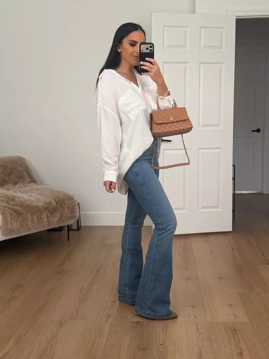 Spanx Original Everywear Flare Jeans now $59 originally $148 wearing size 8

