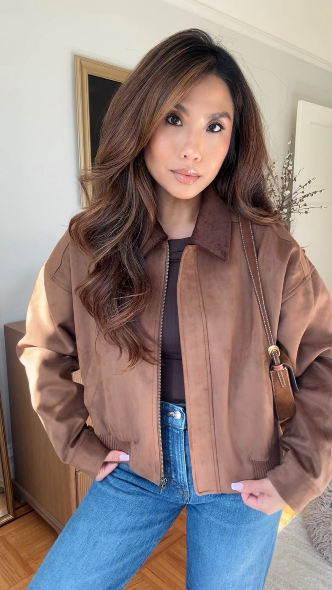 Faux suede bomber on sale 25% off!! TTS, wearing xs 

Sizing:
Jeans - tts, 25
Off the shoulder top - tts, xs
Booties - sized up 1/2 size 