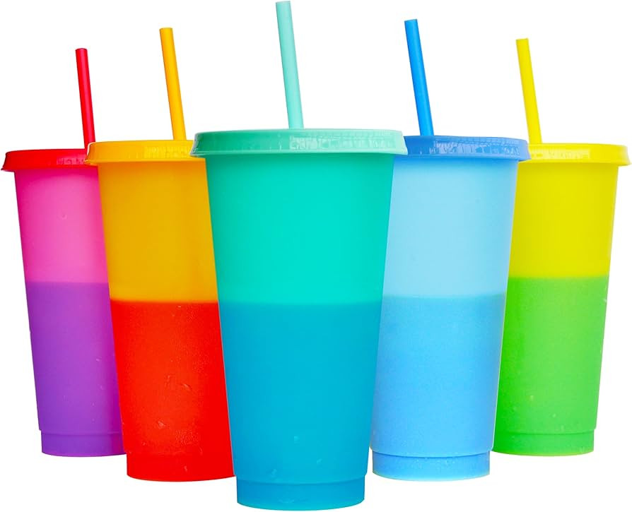Color Changing Cups, 5 Pack 24oz Plastic Tumblers, Reusable Iced Coffee & Smoothie Cups with Lids... | Amazon (US)