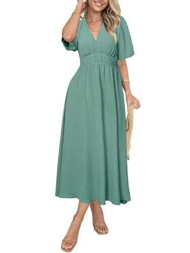 Simplee Women's Summer Flowy Midi Dress Casual V Neck Short Sleeve Empire Waist Boho Beach Dress ... | Amazon (US)
