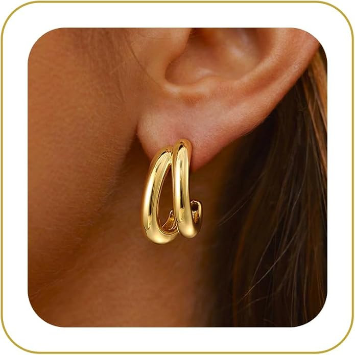 Gold Double Hoop Earrings for Women - Chunky Earrings 14K Gold Plated Statement Earrings Trendy H... | Amazon (US)
