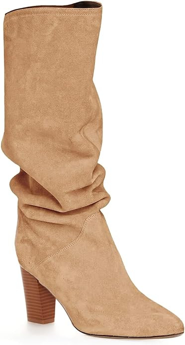 Coutgo Women's Slouchy Knee High Boots Wide Calf Pull On Pointed Toe Chunky Heel Long Boots Winte... | Amazon (US)