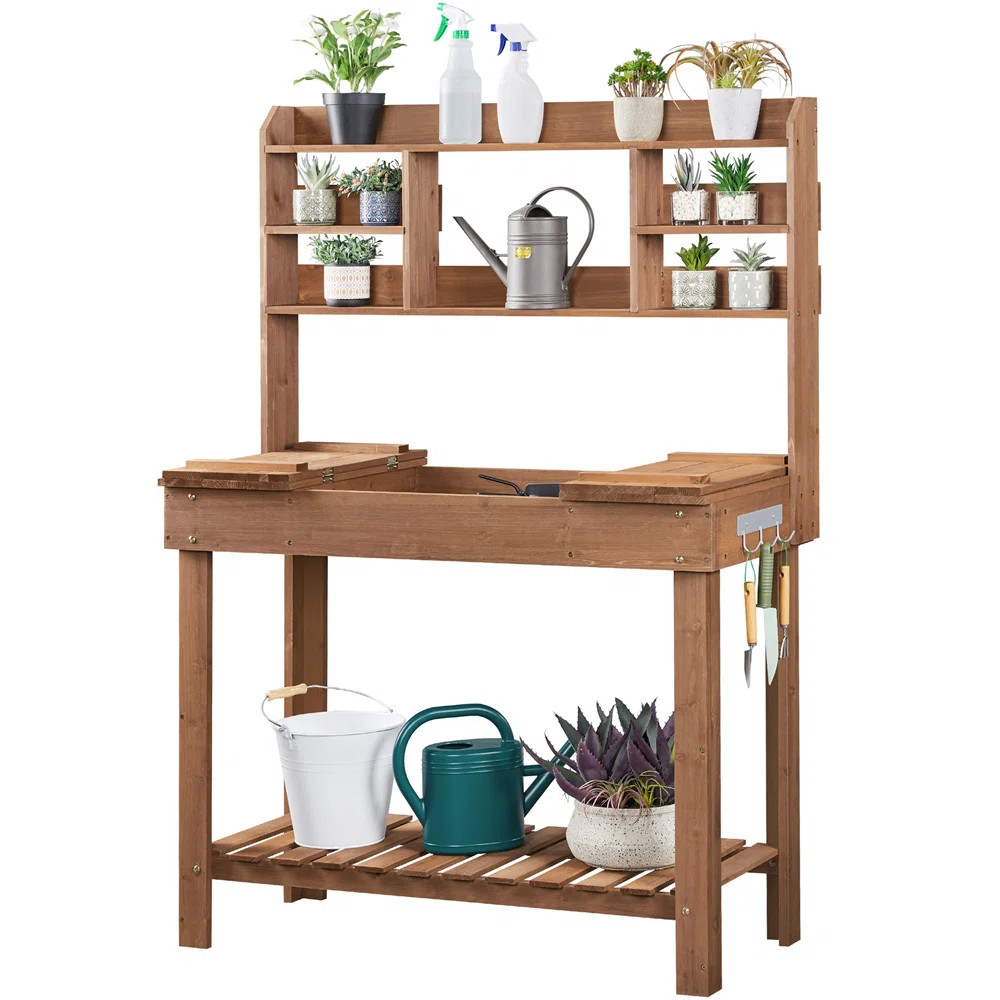 Kubilay Fir Potting Bench with Display Rack | Wayfair North America