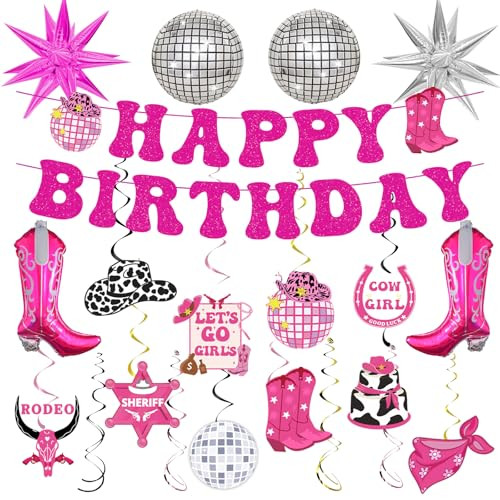 32pcs Disco Cowgirl Birthday Party Decorations, Western Cowgirl Party Decorations Hot Pink Happy Birthday Banner Disco Cowgirl Balloon Last Rodeo Bachelorette Party Decor Supplies for Women Girls | Amazon (US)