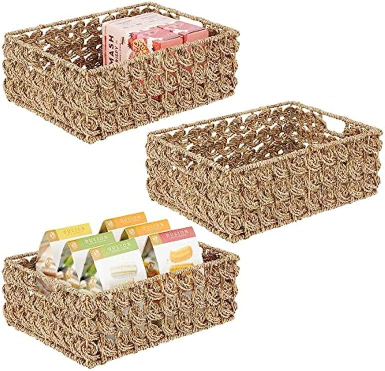 mDesign Seagrass Woven Cabinet Pantry Storage Organizer Long Basket Bin with Handles - for Kitchen,  | Amazon (US)