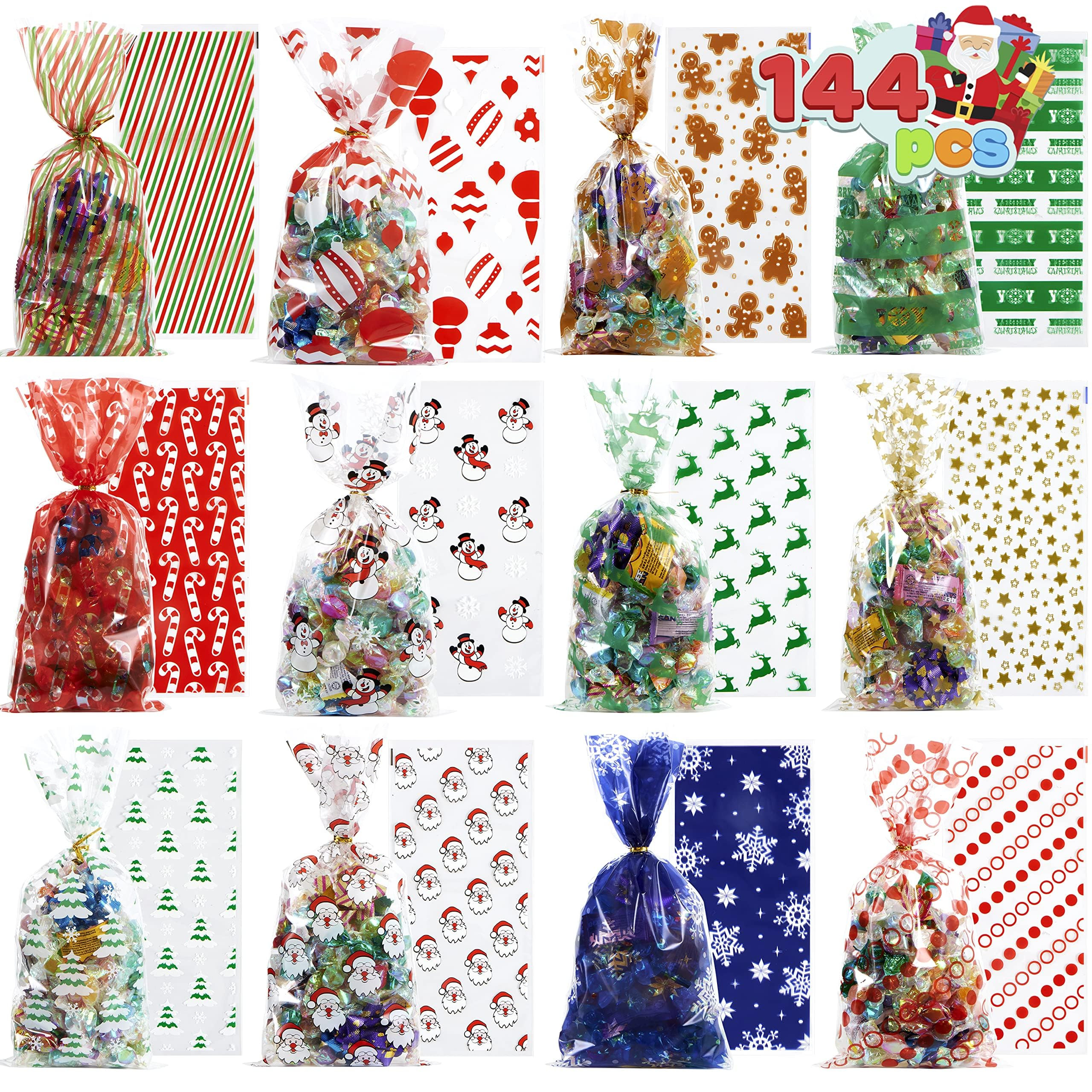 JOYIN 144 PCS Christmas Cellophane Bags with Ribbon for Holiday Treats, Christmas Clear Cello Gif... | Amazon (US)
