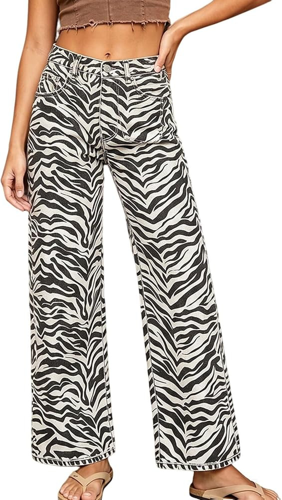 loveimgs Women Casual Wide Leg Printed Jeans Mid Rise Striped Denim Pants Flare Zebra Print Jeans... | Amazon (US)