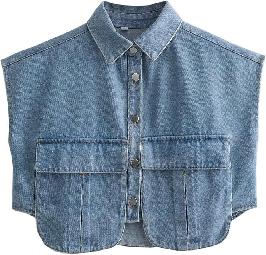 Women Denim Vest Sleeveless Button Down Jean Jacket Waistcoat Crop Top with Pockets | Amazon (US)