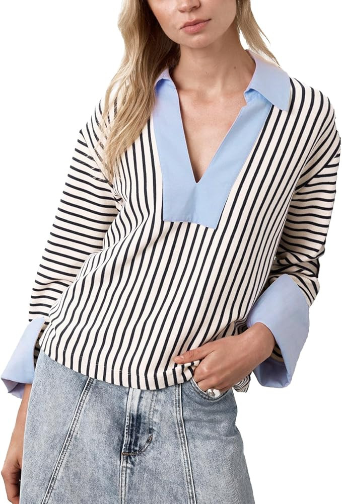 Kedera Womens Striped Business Casual Tops Long Sleeve V-Neck Sweatshirts Collared Oversized Tren... | Amazon (US)
