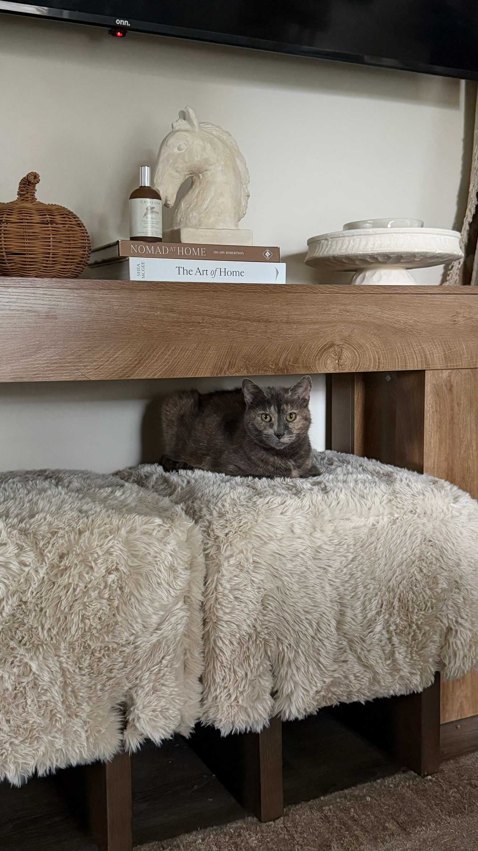 These new faux fur ottomans from Home Goods fit perfectly under our console table. I'm obsessed!  

 #LTKHome