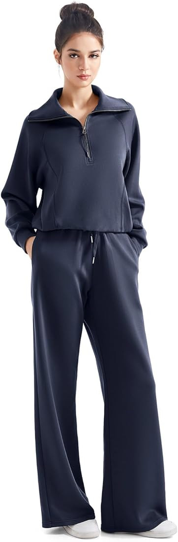 SUUKSESS Women 2 Piece Lounge Matching Set Wide Leg Sweatpant Half Zip Sweatshirt | Amazon (US)