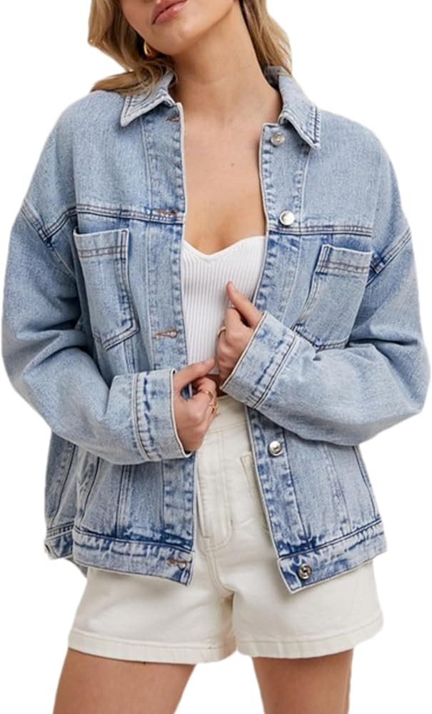 Bozanly Women's Classic Denim Jacket Trendy Long Sleeve Button Down Distressed Jean Jackets Outwe... | Amazon (US)