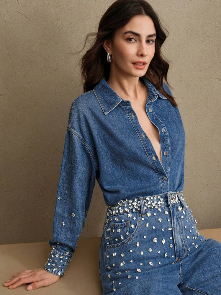 Anewsta Embellished Casual & Versatile Women's Denim Shirt | SHEIN