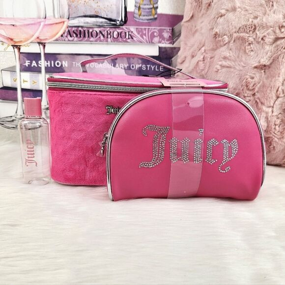 {Juicy Couture} Pink Bling Velvet Train Case Bag Set | Poshmark