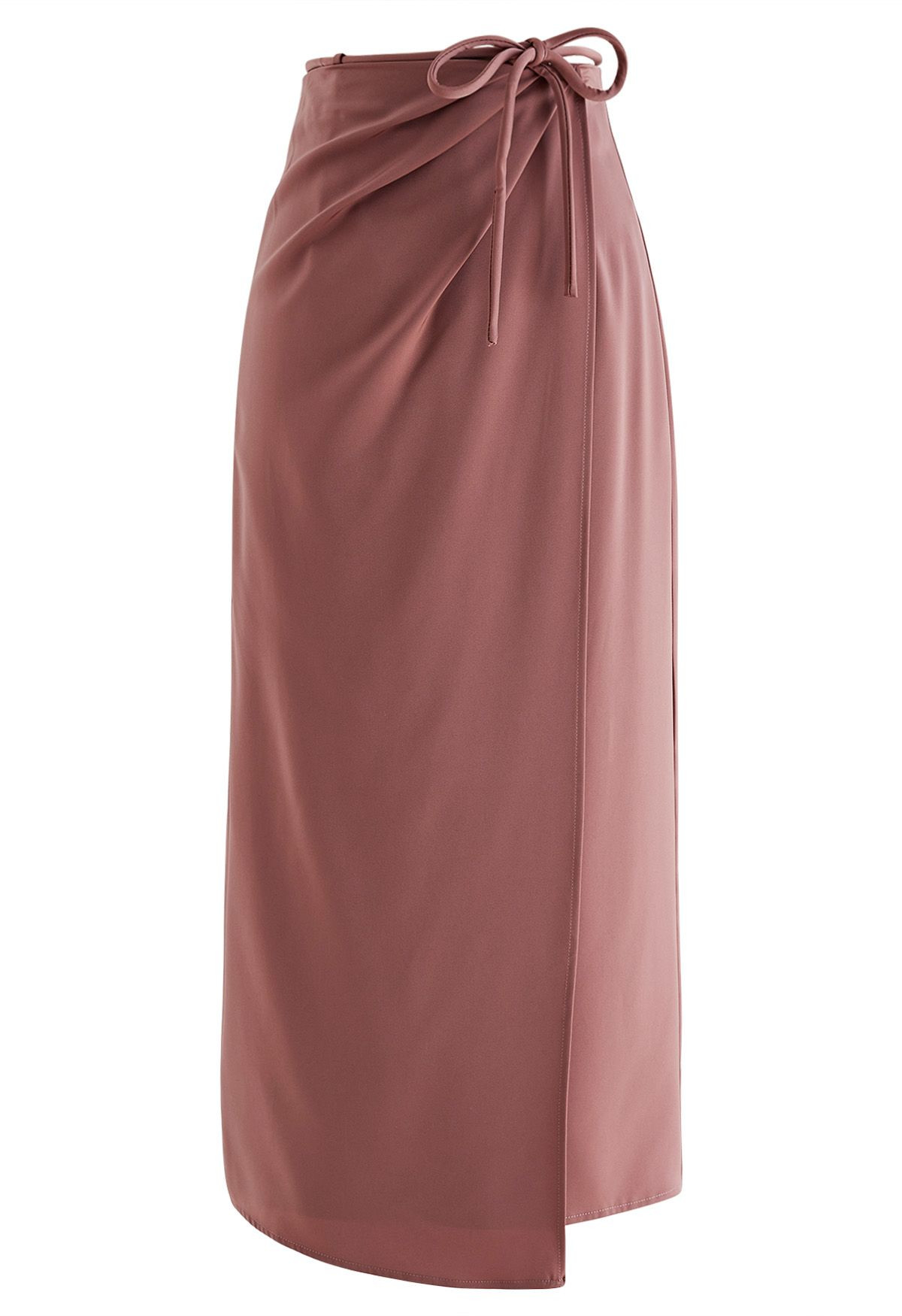 Tie Waist Asymmetric Flap Satin Midi Skirt in Rust Red | Chicwish