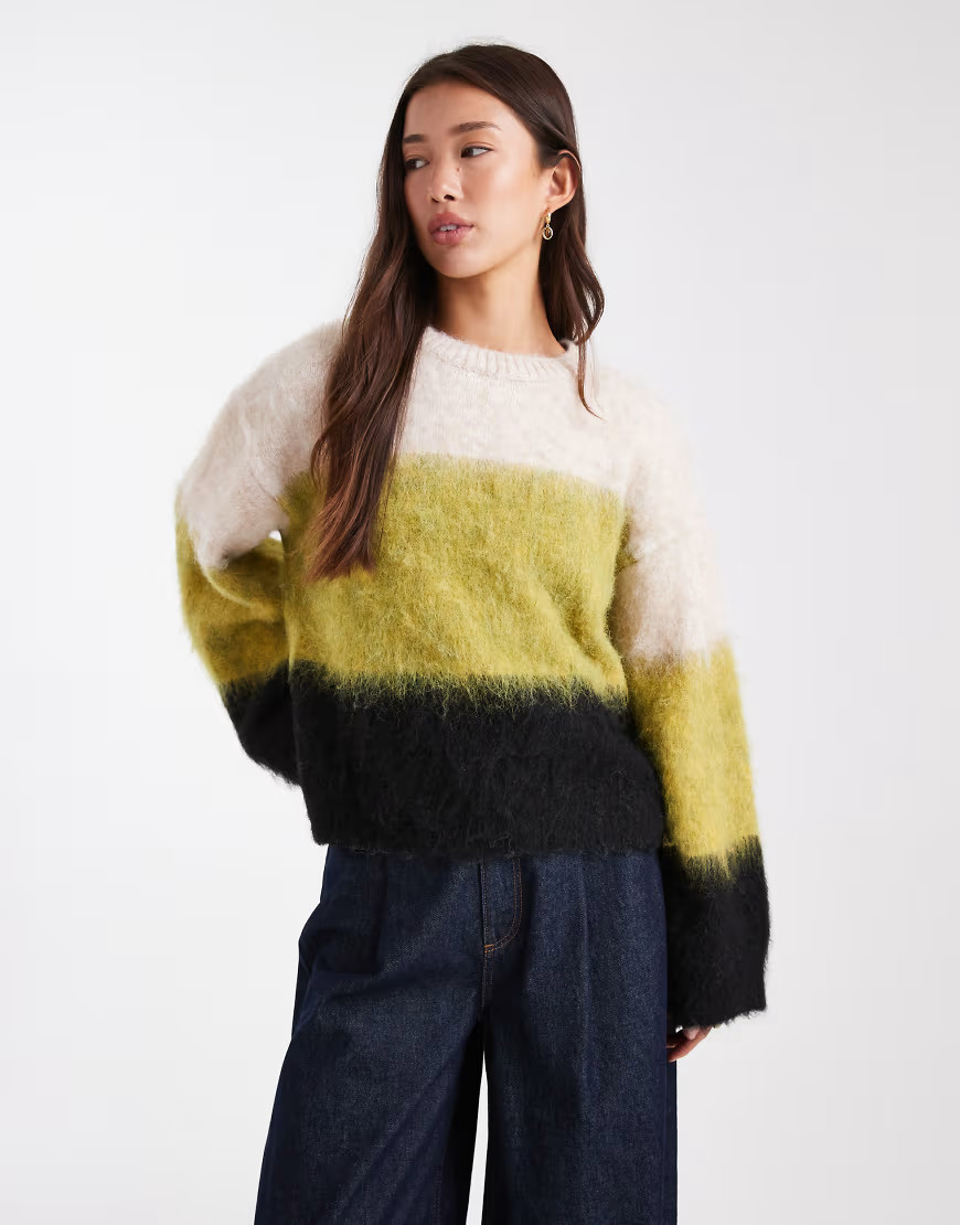 ASOS DESIGN brushed knit sweater with wool in olive stripe-Multi | ASOS (Global)